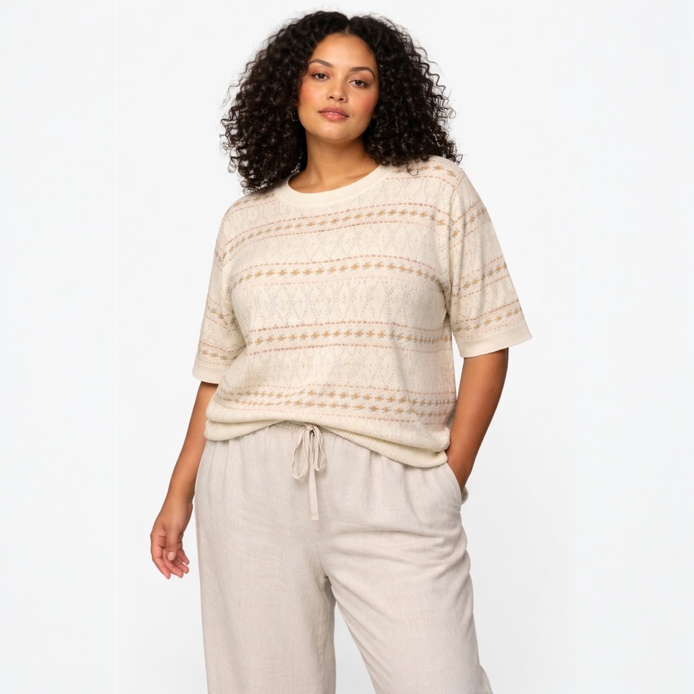 Polagram Sweater Top 3XL Cream Pointelle Knit Fair Isle Boho Cottagecore Grandma